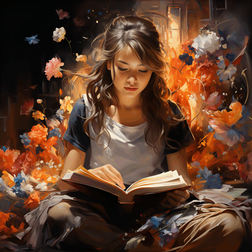 ai generated, woman, reading, book, magic, flowers, imagination, nature, fantasy